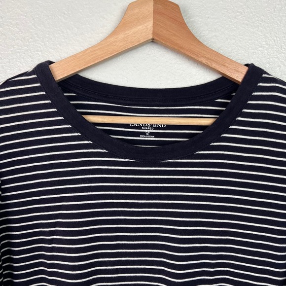 Lands End Shaped Womens XL Navy Blue White Striped Long Sleeve Cotton Tee Shirt - Picture 2 of 6